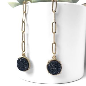 Black Faux Druzy Dangle Chain Post Back Earrings
